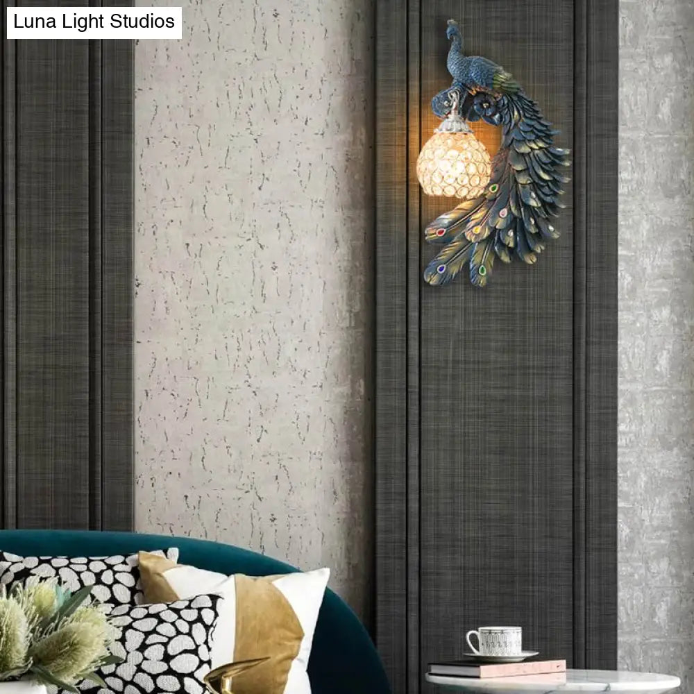 DecorBites™ Peacock Blue Lodge Resin Wall Sconce Lighting with Clear Crystal Dome Shade - 1 Light Bedside Wall Light