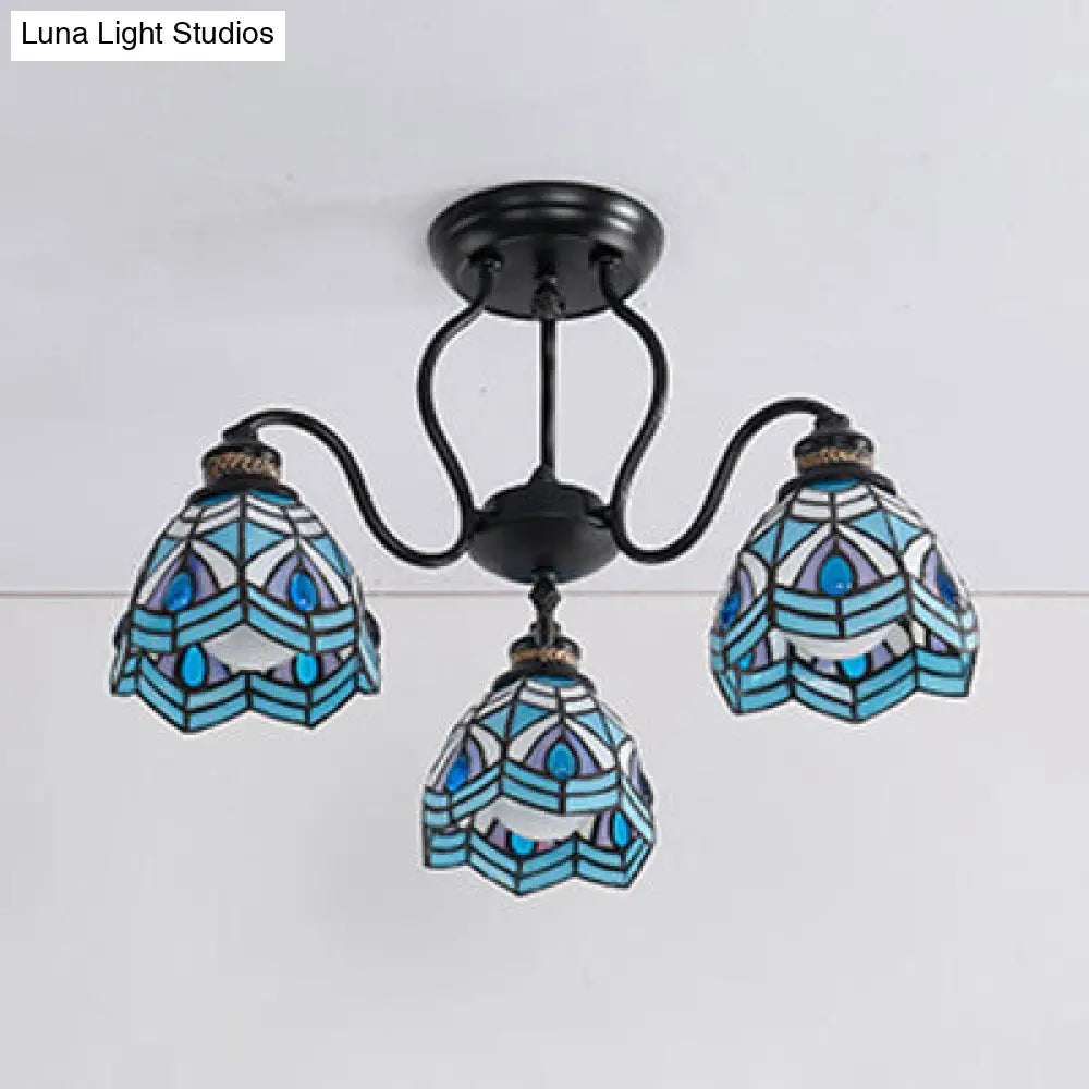 DecorBites™ Peacock Stained Glass Semi Flush Light with 3 Lights – Traditional Bowl Style