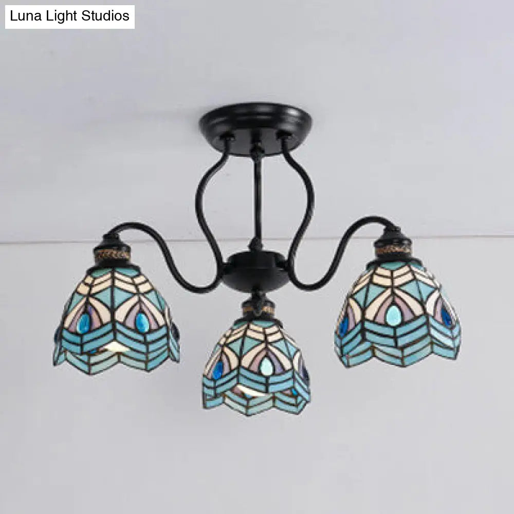 DecorBites™ Peacock Stained Glass Semi Flush Light with 3 Lights – Traditional Bowl Style