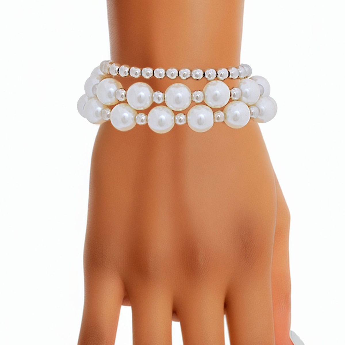Silver 3 Strand White Pearl Bracelet Elegant Layered Jewelry