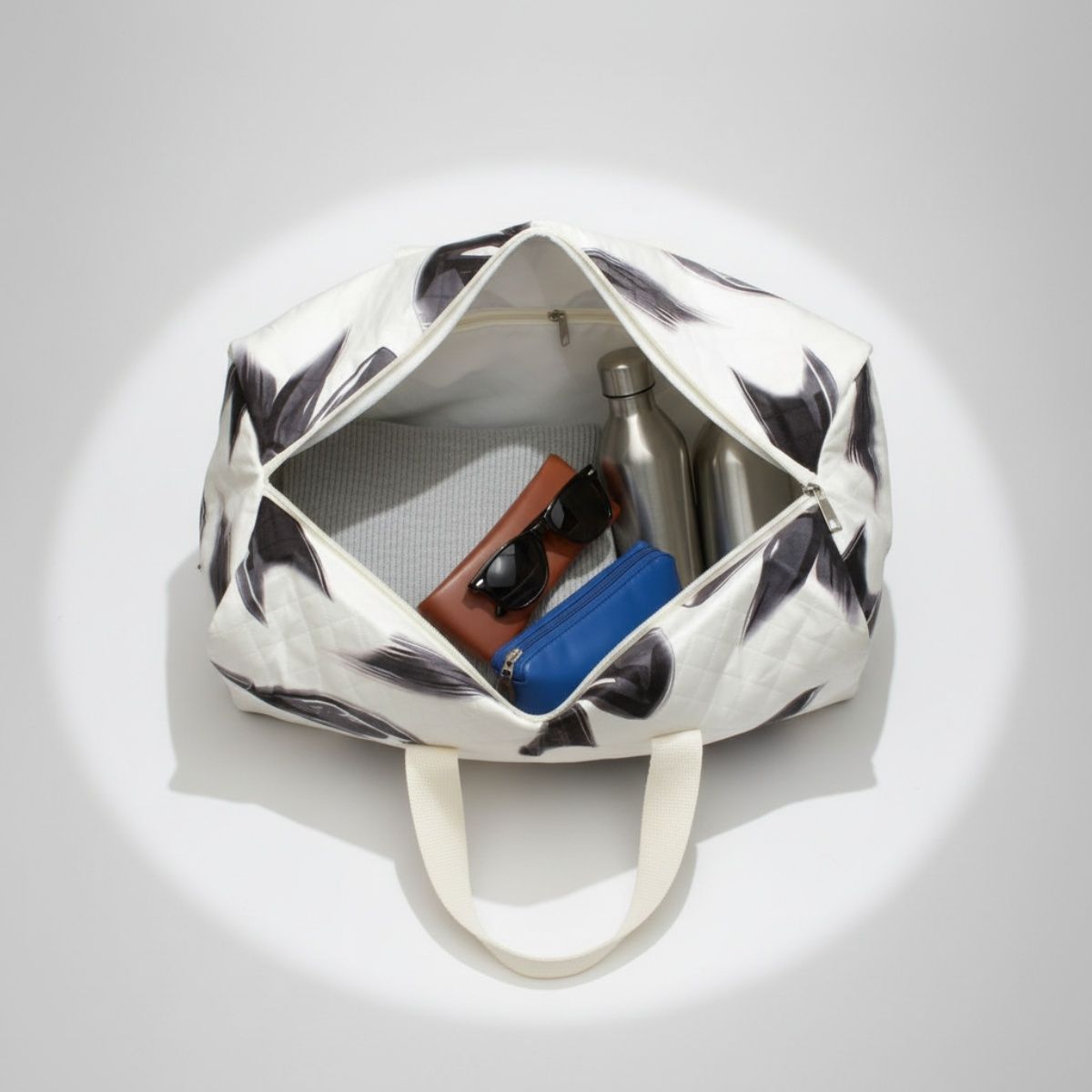 Fashion Travel Duffel Bag Cream Quilted with Black Bow, Stylish and Chic
