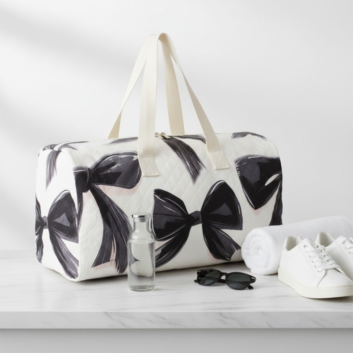 Fashion Travel Duffel Bag Cream Quilted with Black Bow, Stylish and Chic
