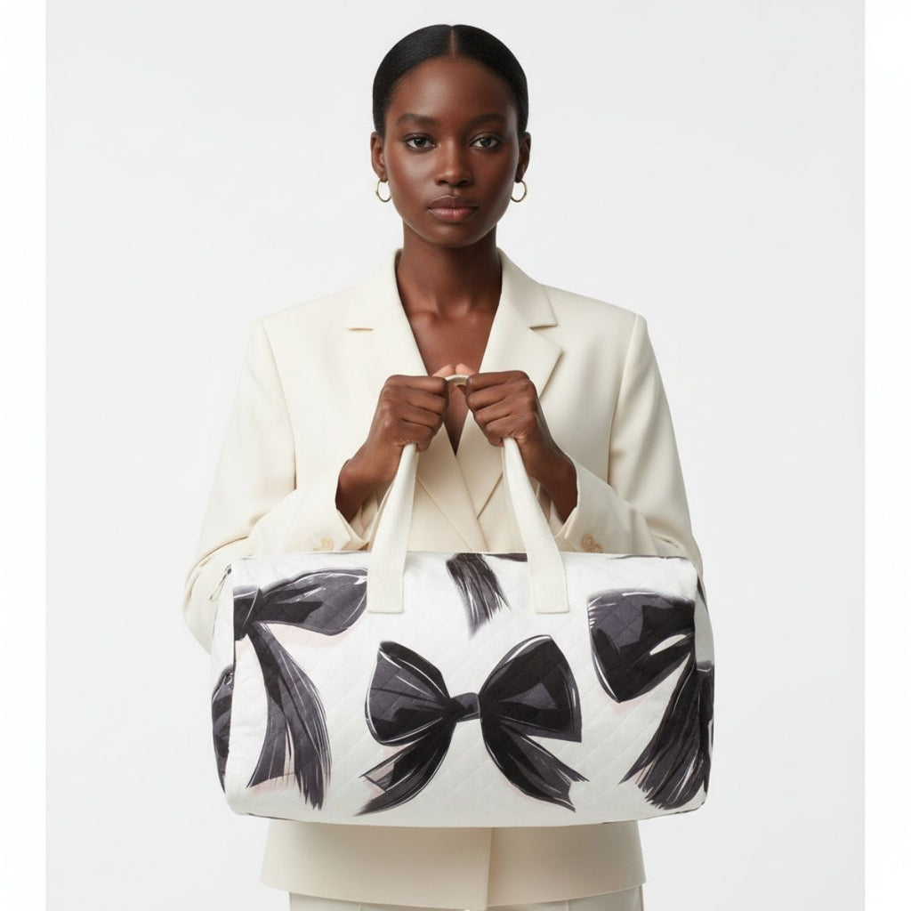 Fashion Travel Duffel Bag Cream Quilted with Black Bow, Stylish and Chic