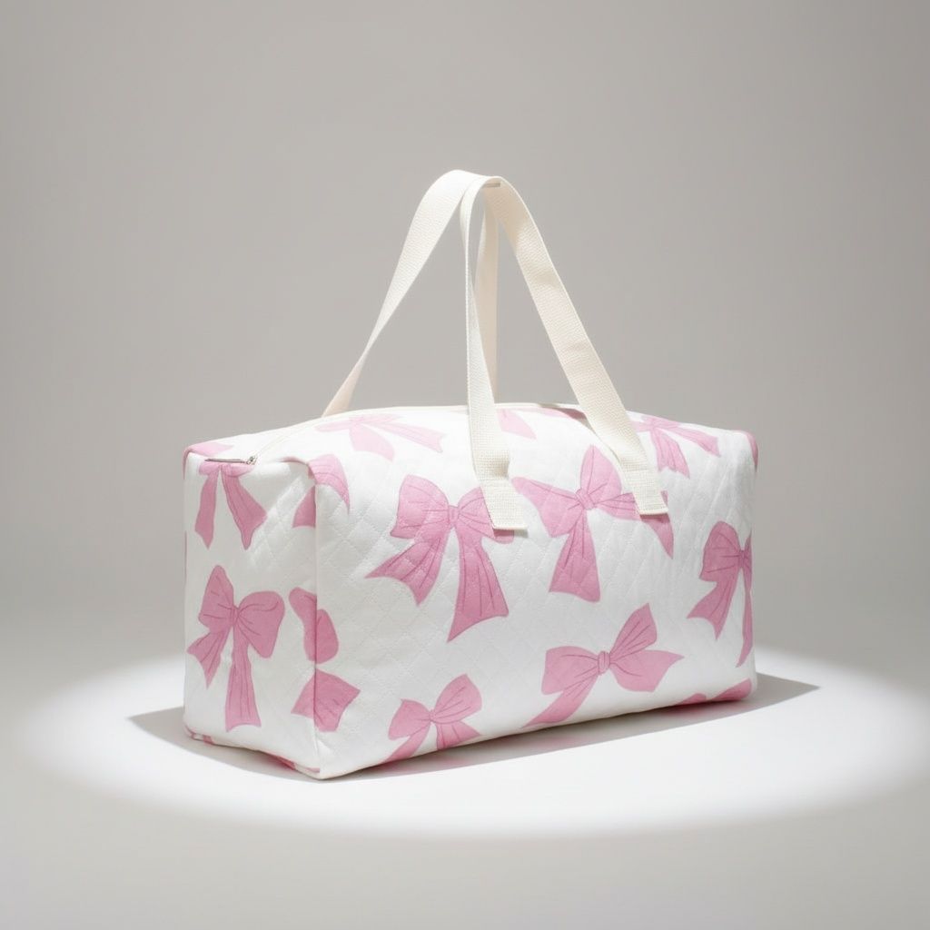 Travel Duffel Bag White Quilted with Pretty Pink Bow Stylish Chic Accessory