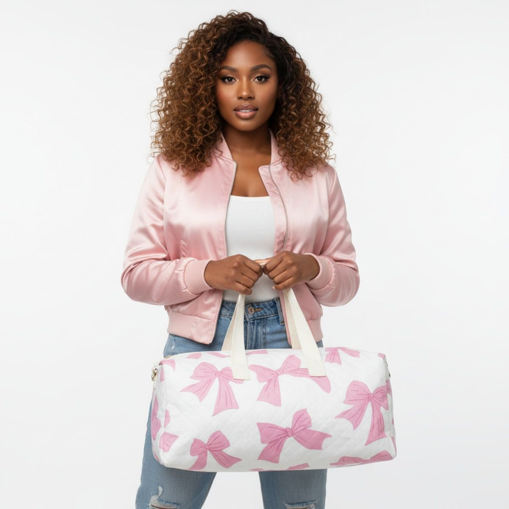 Travel Duffel Bag White Quilted with Pretty Pink Bow Stylish Chic Accessory