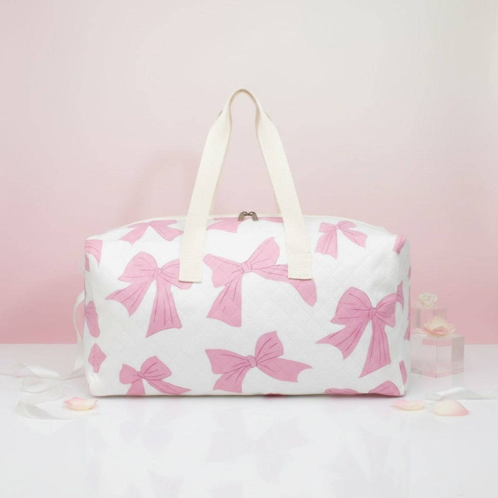Travel Duffel Bag White Quilted with Pretty Pink Bow Stylish Chic Accessory