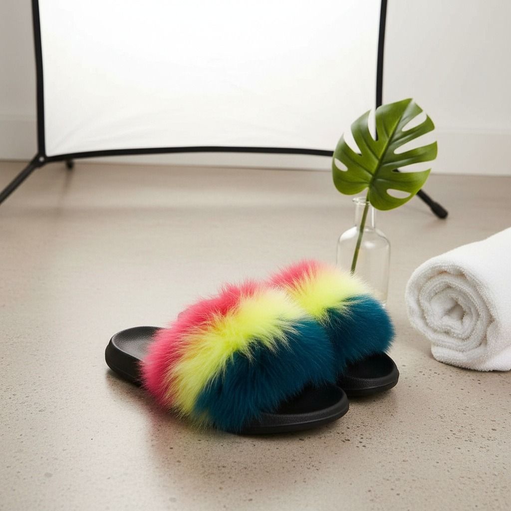 XLarge Fox Fur Slippers in Coral to Green – Trendy Lounge Footwear