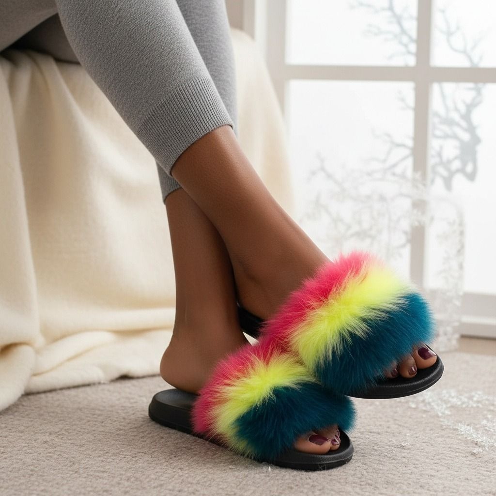 Small Fox Fur Slippers in Coral and Green – Trendy Casual Lounge Footwear