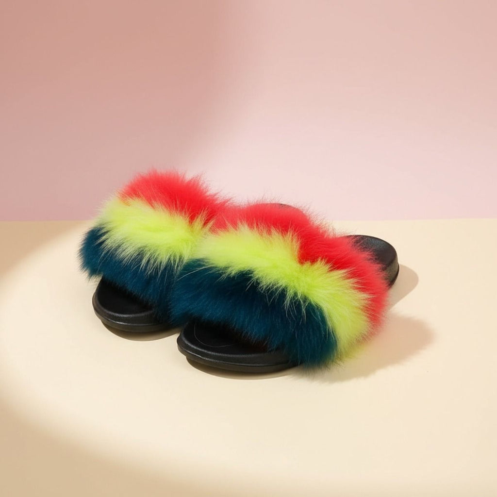 Small Fox Fur Slippers in Coral and Green – Trendy Casual Lounge Footwear