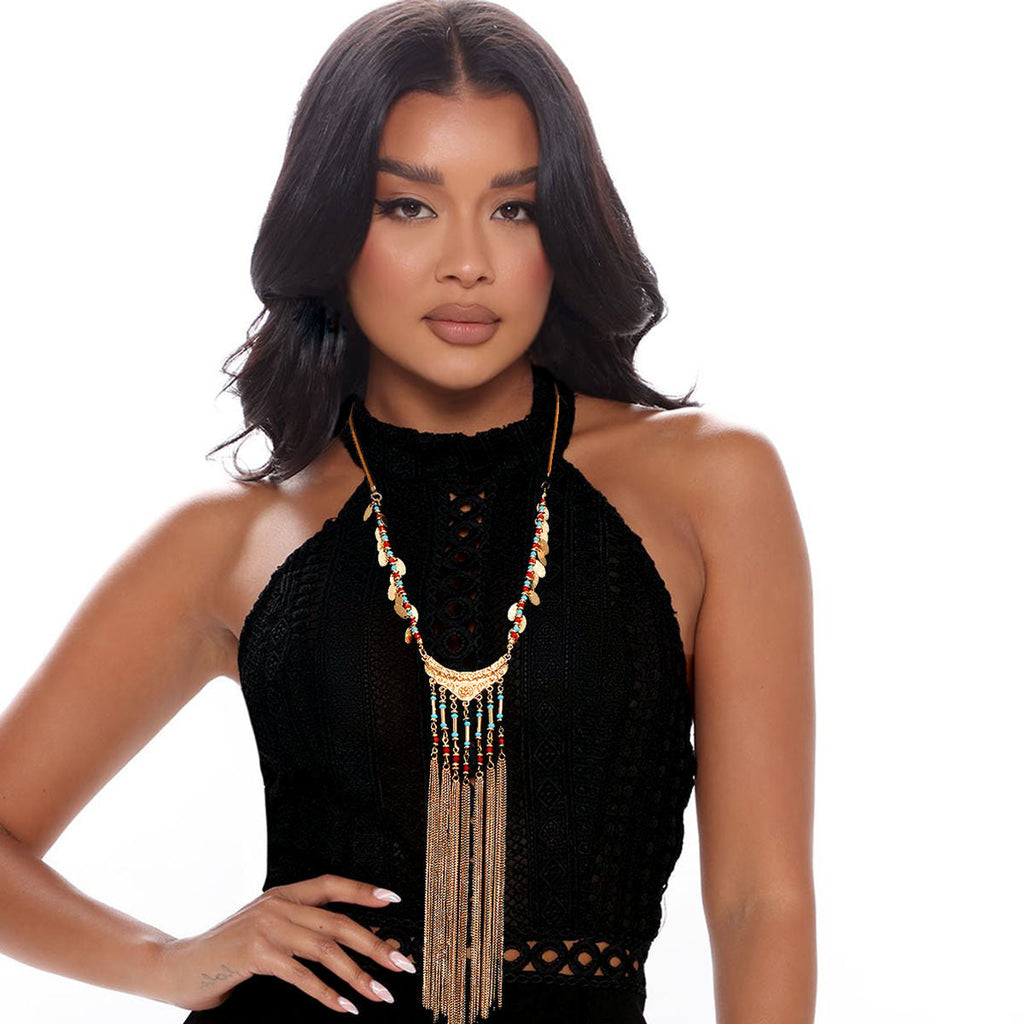 Tassel Necklace Set Brown Stylish Statement Jewelry