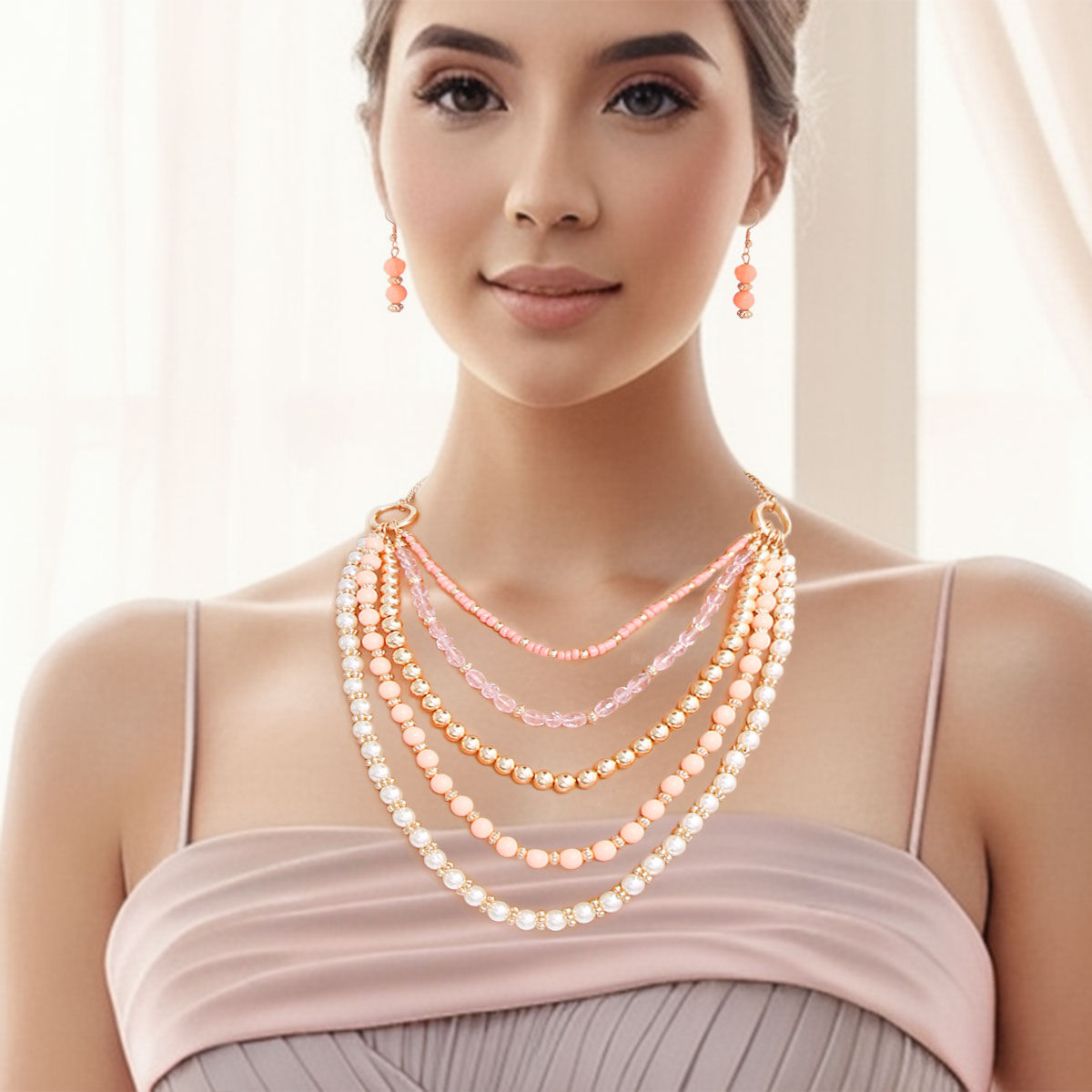 Pearl Necklace Set with Pink Beads – Stylish Statement Jewelry
