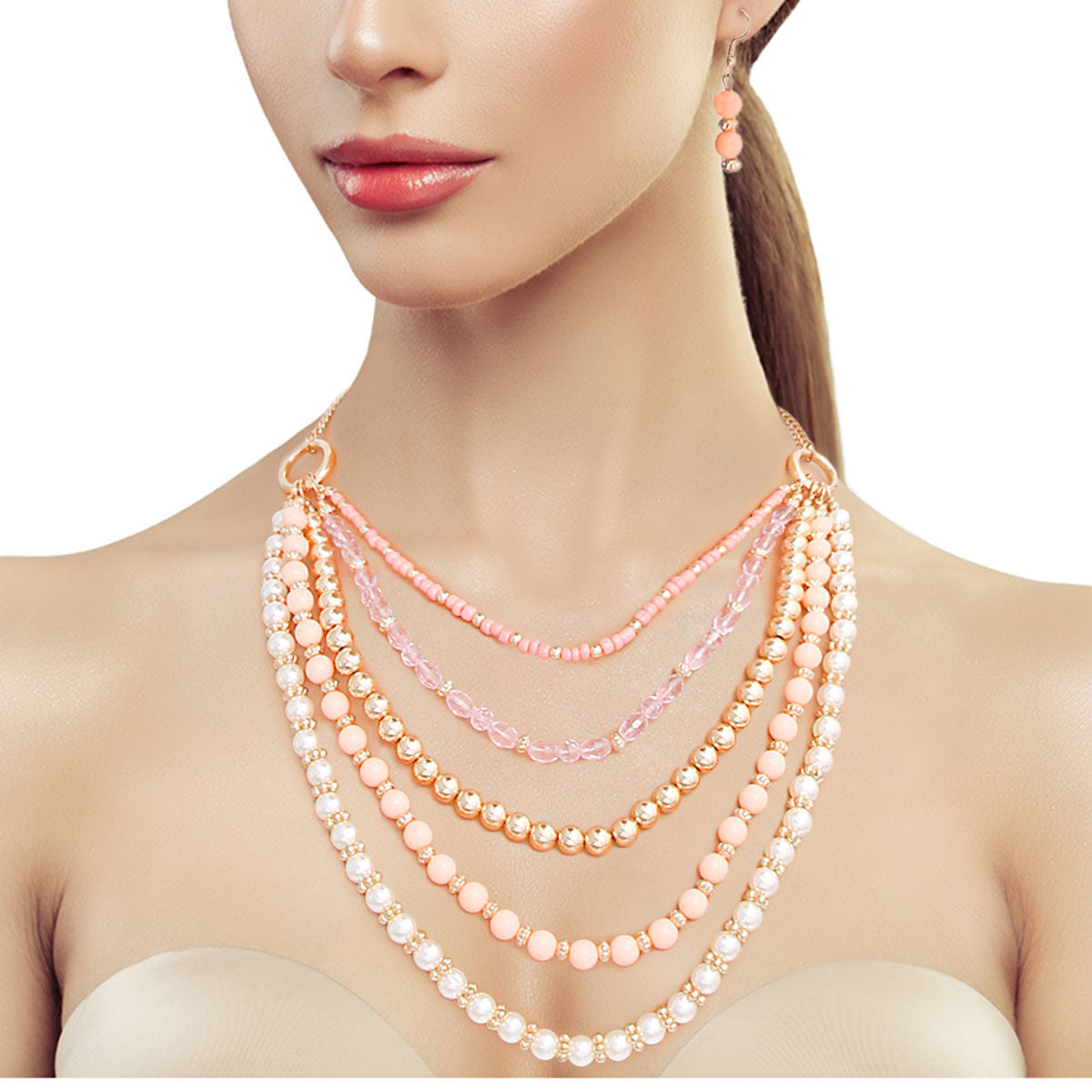 Pearl Necklace Set with Pink Beads – Stylish Statement Jewelry