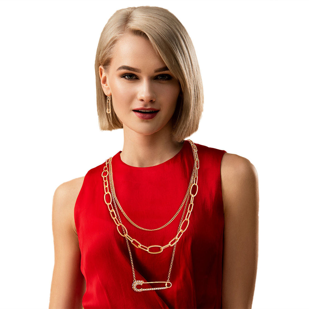 Layered Gold Chain Pin Necklace – Stylish Long Statement Jewelry