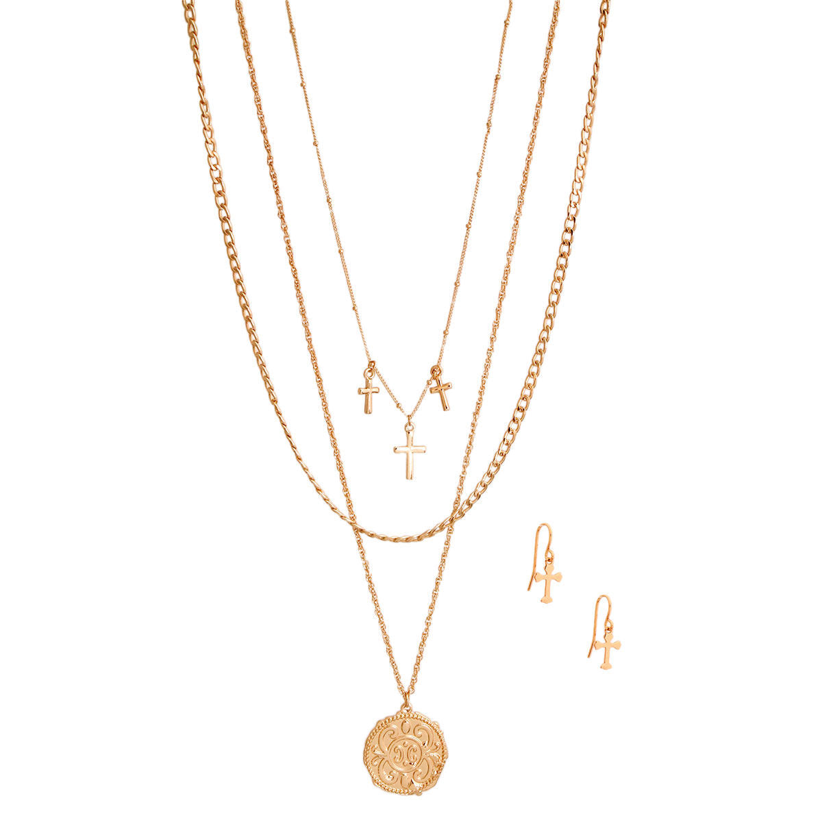 Layered Gold Religious Cross Chain Necklace Stylish Statement Jewelry