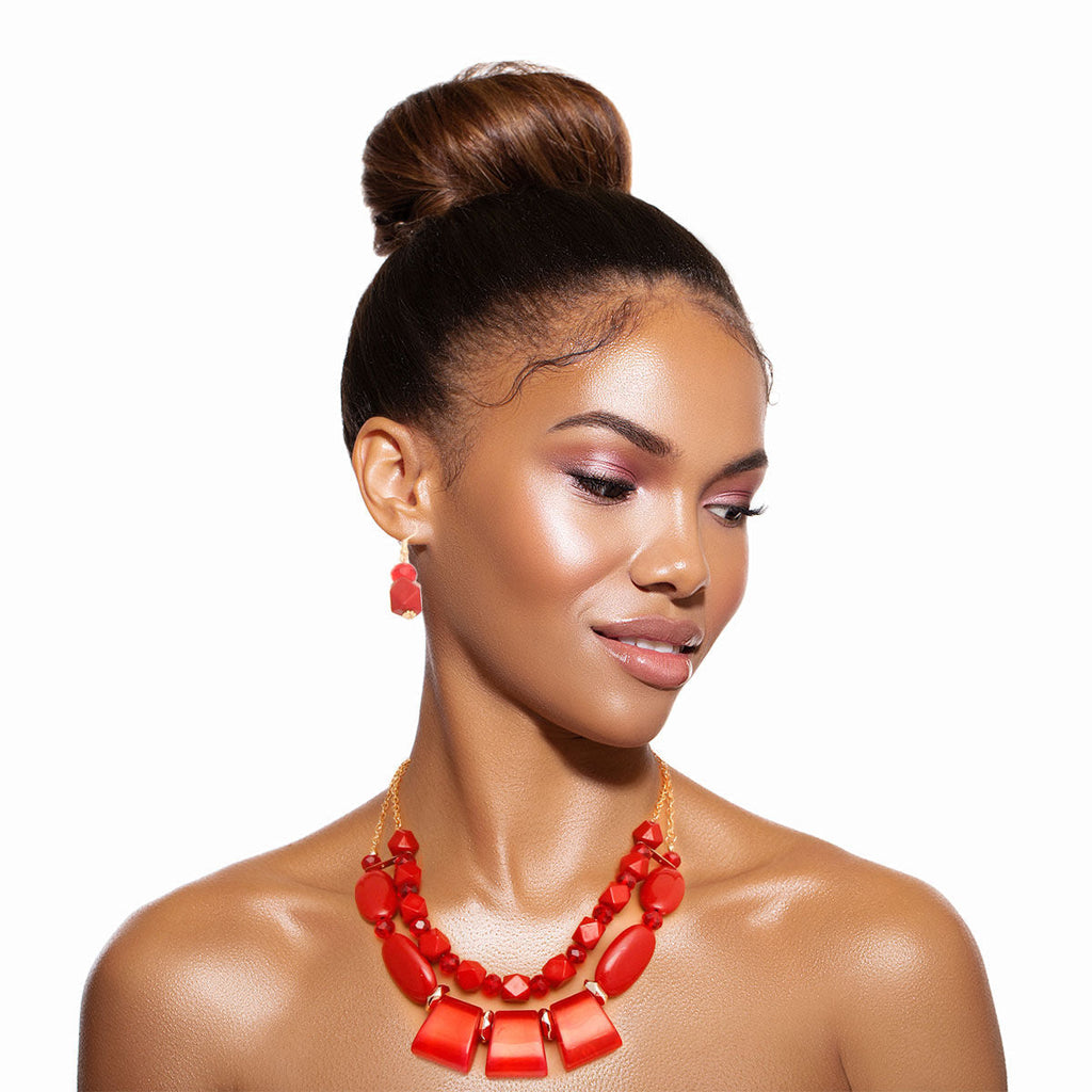 Layered Double Necklace Set Wine Red Stylish Statement Jewelry