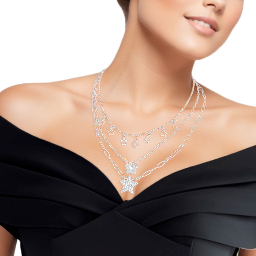 Layered Silver Star Necklace Set 3-Layer Dainty Chain Stylish Jewelry