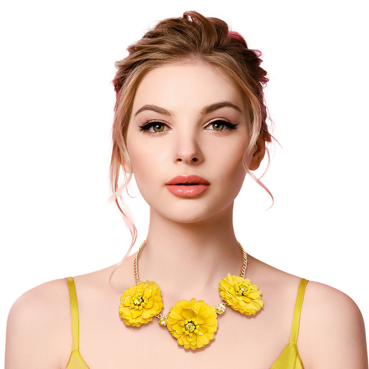 Statement Yellow Fabric Flower Necklace Set Stylish Jewelry Accessory