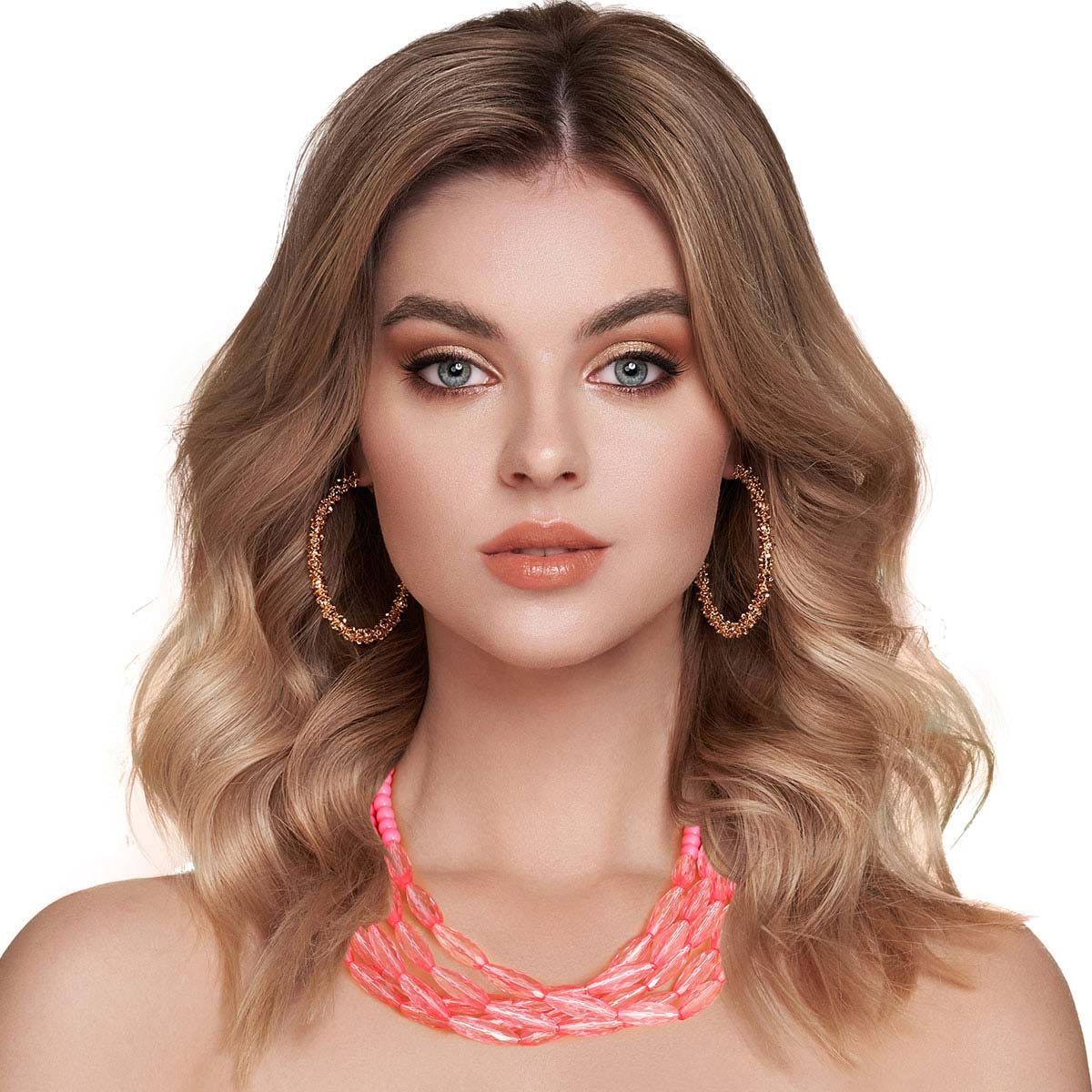 5 Strand Pink Glass Bead Statement Necklace Layered Jewelry