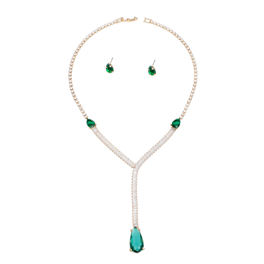 Statement Necklace Green Teardrop Crystal Y-Shape Elegant Formal Jewelry
