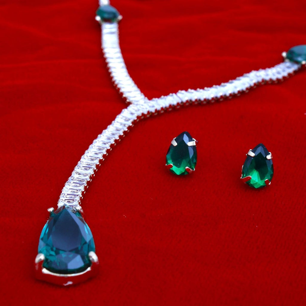Statement Necklace Green Teardrop Crystal Y-Shape Elegant Formal Jewelry