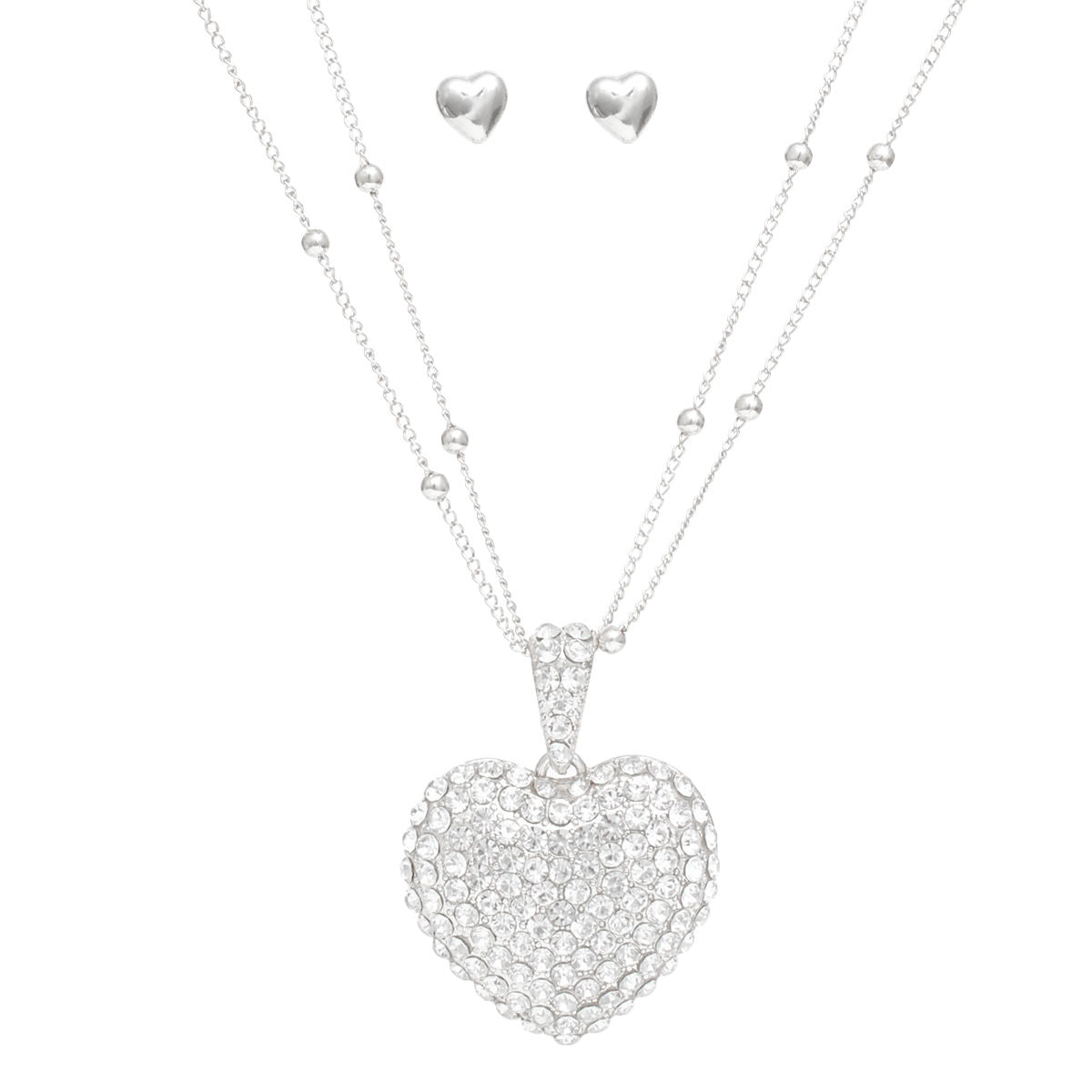 Pendant Silver 2-Layer Puffy Rhinestone Heart Necklace Stylish Layered Jewelry
