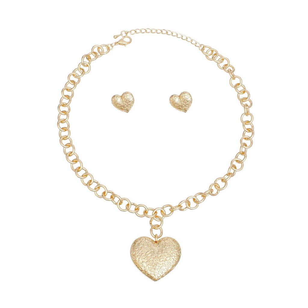 Puffy Heart Pendant Necklace Gold Girly Patterned Stylish Jewelry