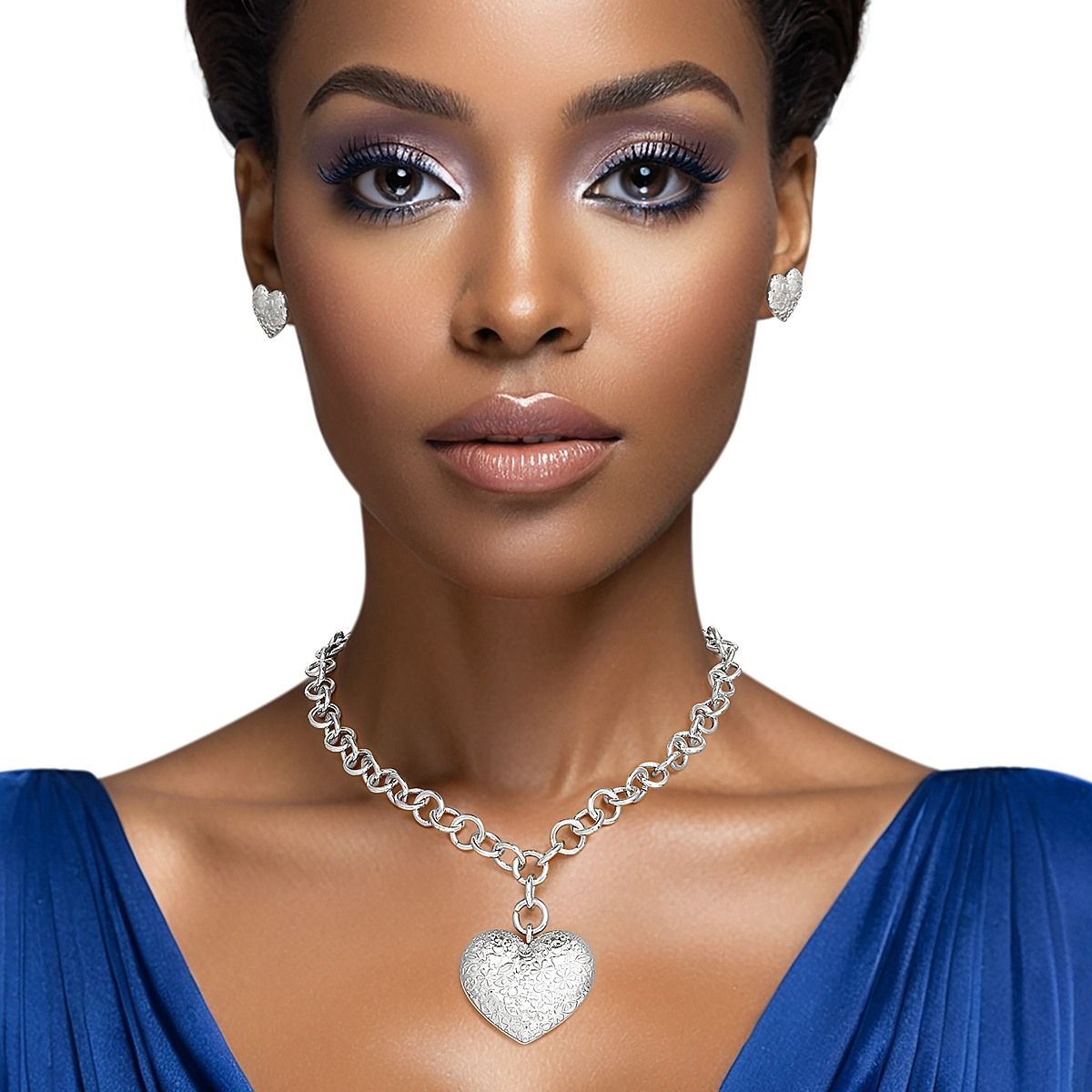 Silver Puffy Heart Pendant Set with Girly Pattern – Stylish Jewelry Accessory