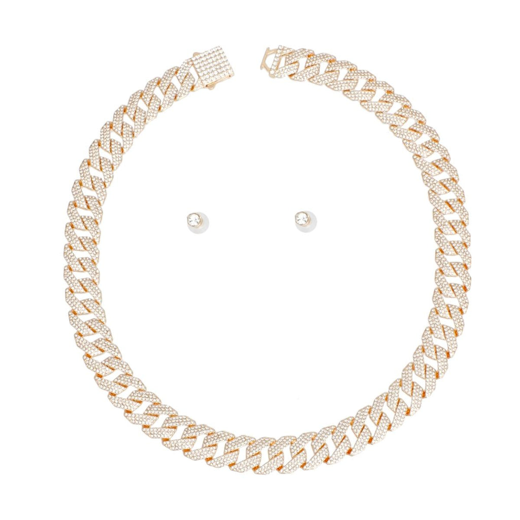 Women’s Gold Cuban Chain Necklace Set Iced Diamond Stylish Jewelry