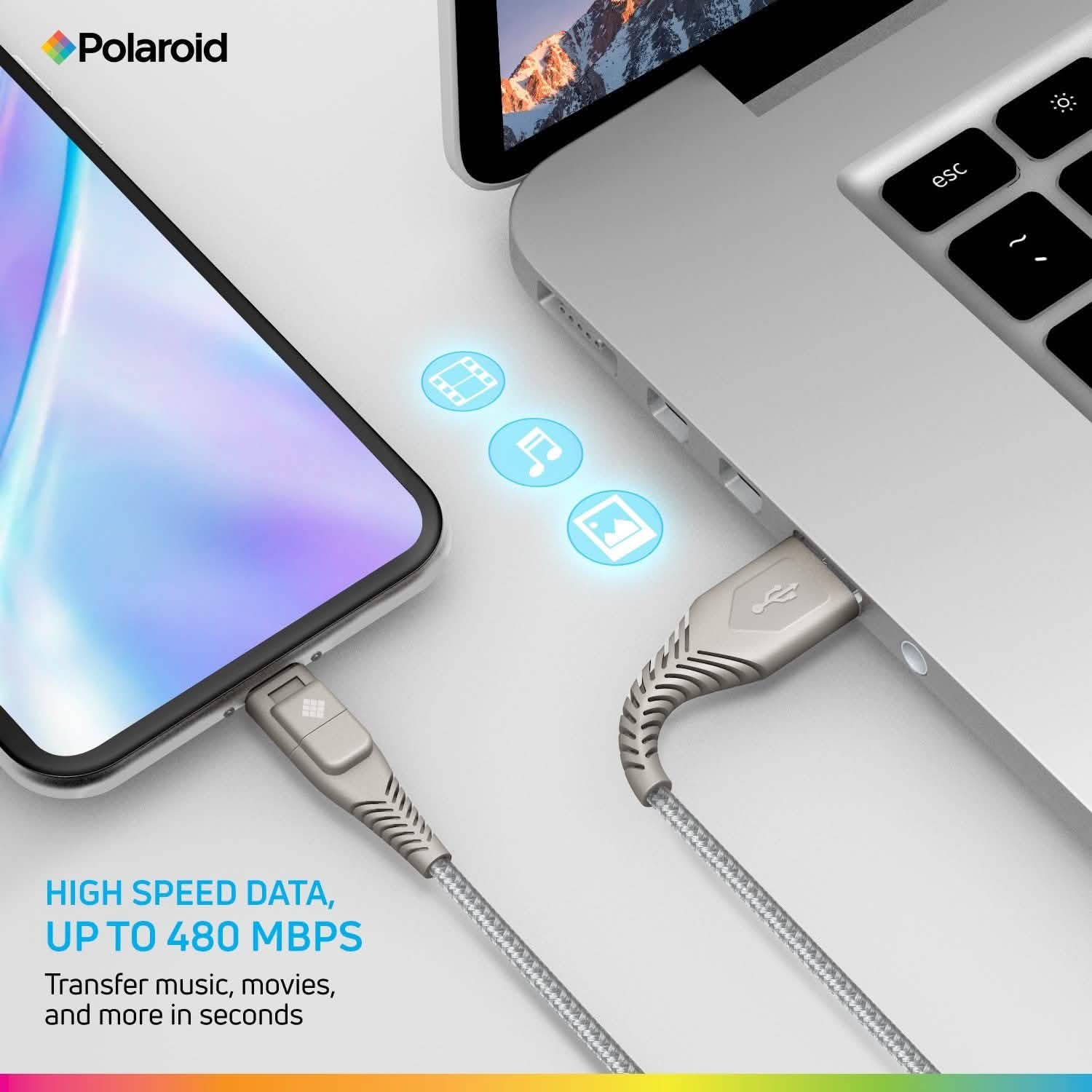 Polaroid 5 Ft USB Type-C Nylon Braided Charger Cable with LED Light