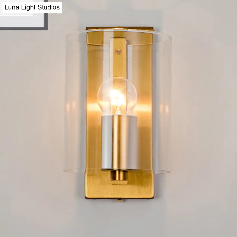 DecorBites™ Post Modern Brass Finish Wall Lamp with Clear/Textured White Glass - Cylindric Sconce Design (1 Bulb)