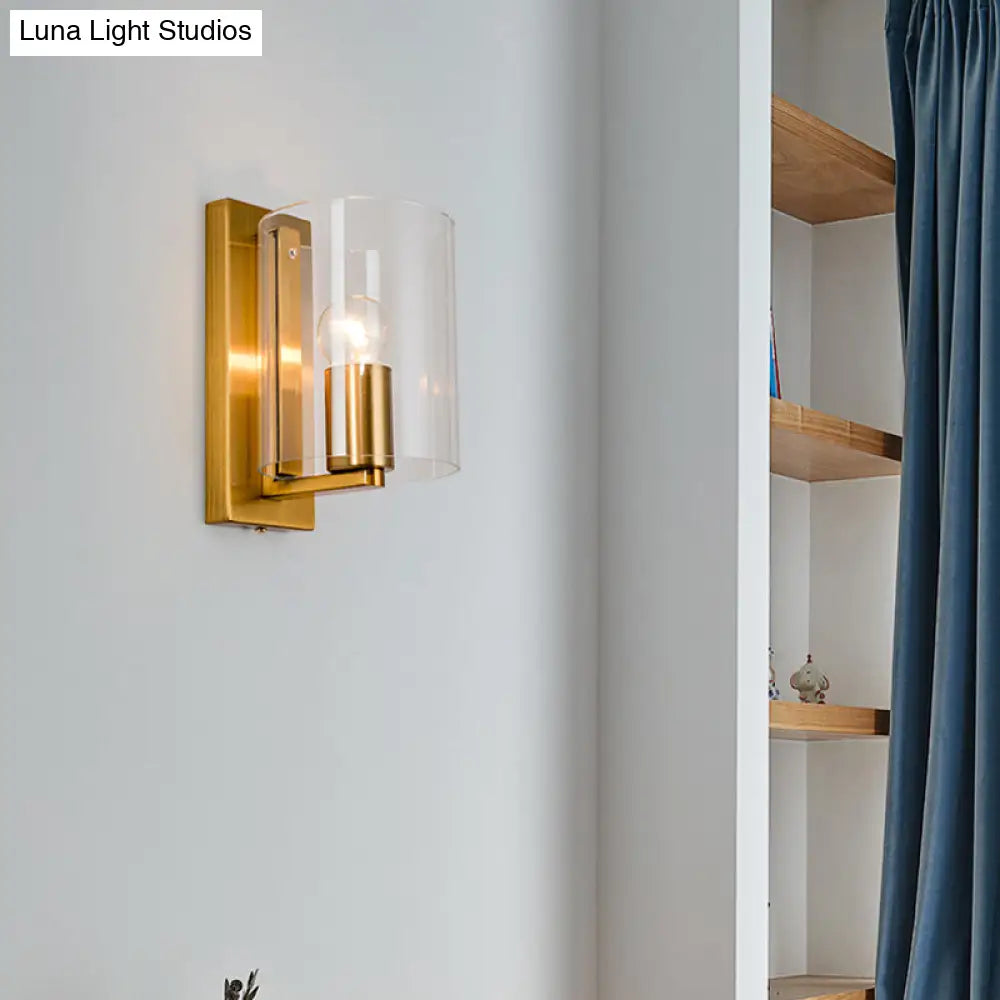 DecorBites™ Post Modern Brass Finish Wall Lamp with Clear/Textured White Glass - Cylindric Sconce Design (1 Bulb)