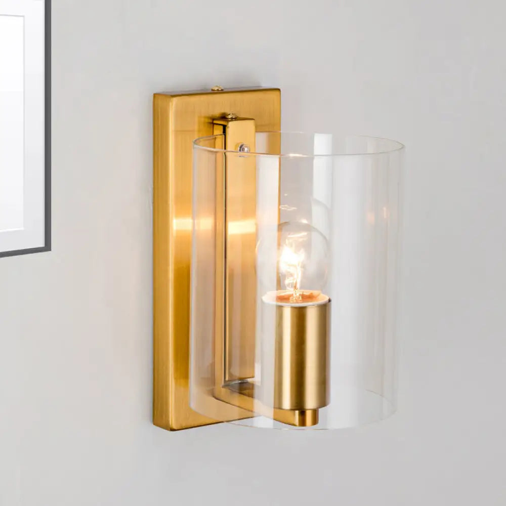 DecorBites™ Post Modern Brass Finish Wall Lamp with Clear/Textured White Glass - Cylindric Sconce Design (1 Bulb)