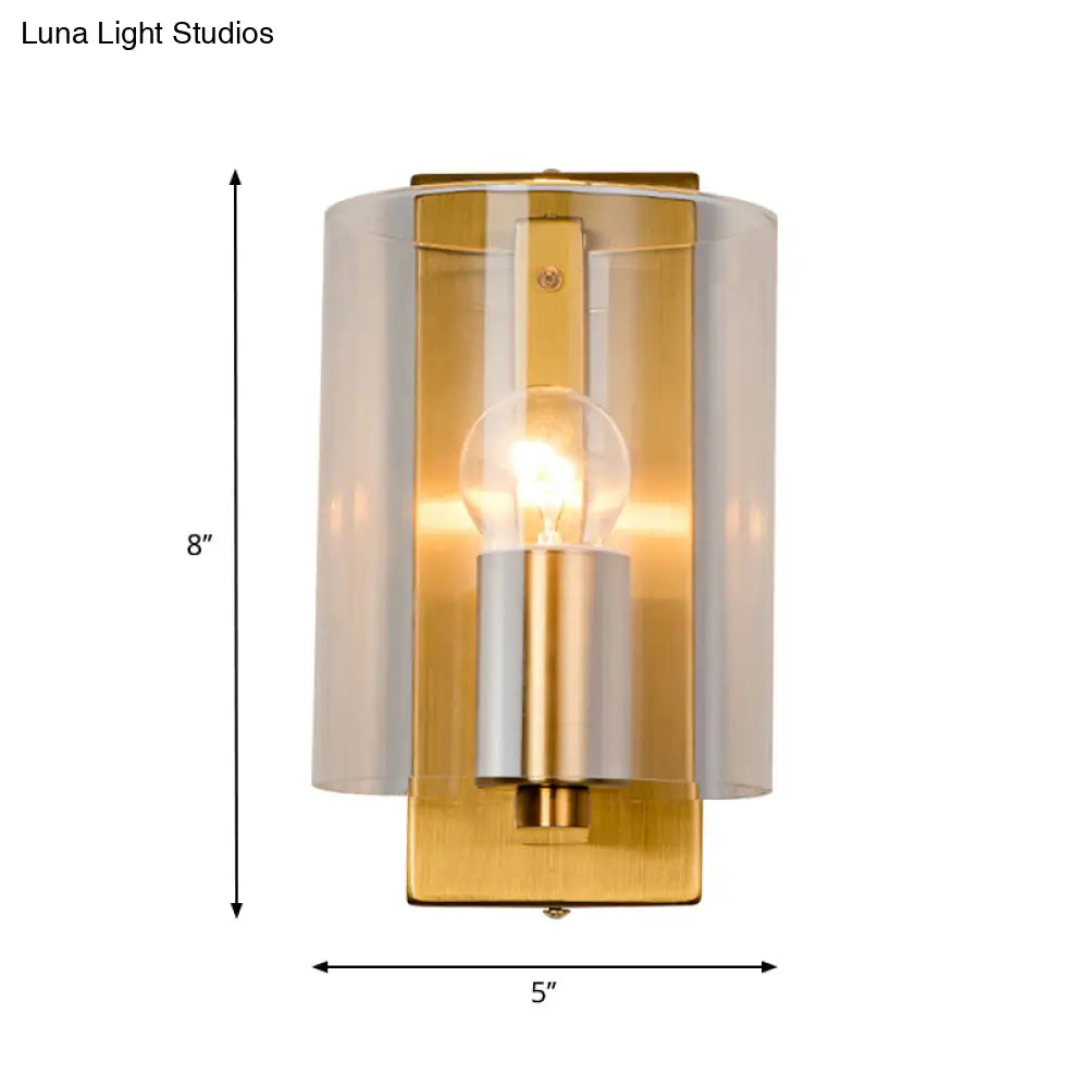 DecorBites™ Post Modern Brass Finish Wall Lamp with Clear/Textured White Glass - Cylindric Sconce Design (1 Bulb)