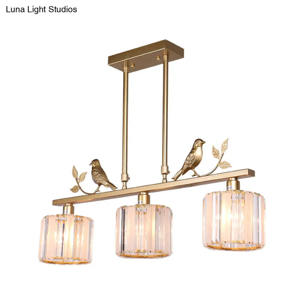 DecorBites™ Postmodern Black/Gold Crystal Prism Pendant Lamp with Bird and Leaf Decoration - 3-Bulb Cylinder Hanging Island Light