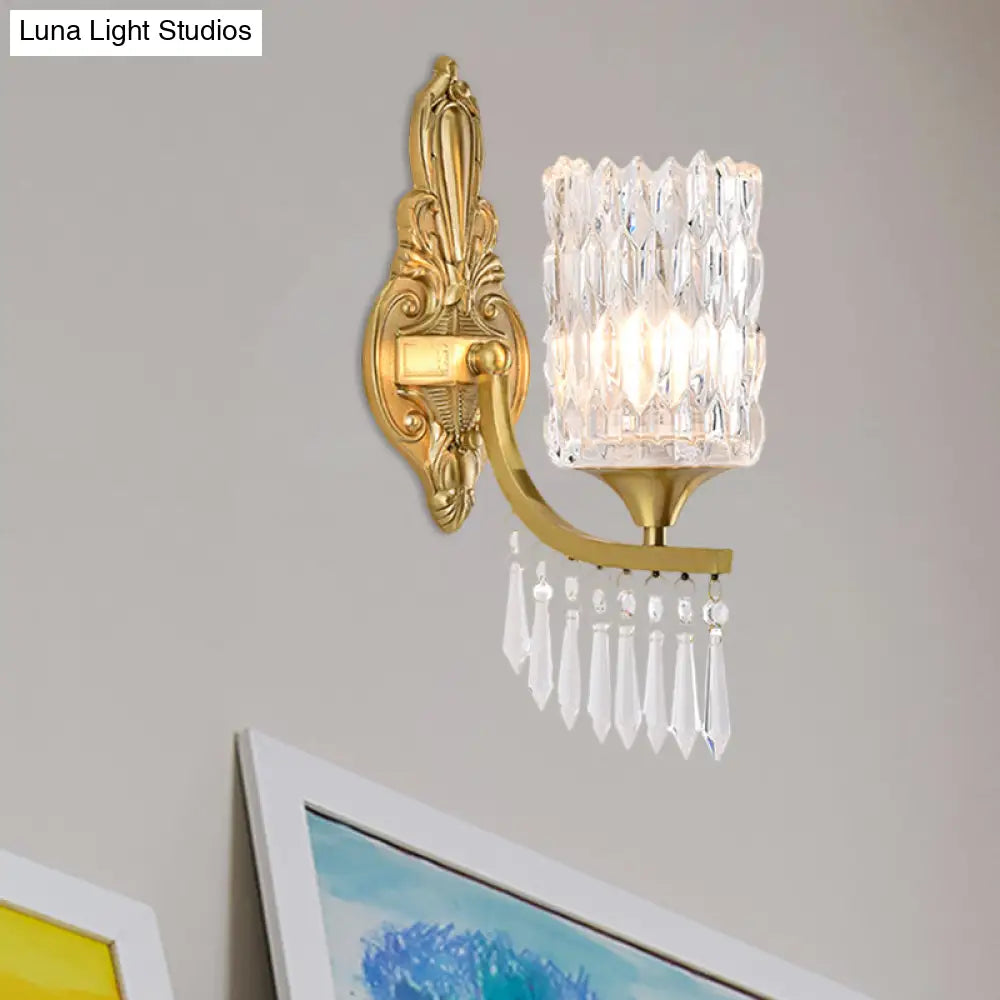 DecorBites™ Postmodern Gold Column Wall Lamp with Clear Crystal Shade - Elegant Single Bulb Wall Lighting Fixture with Droplet Accent