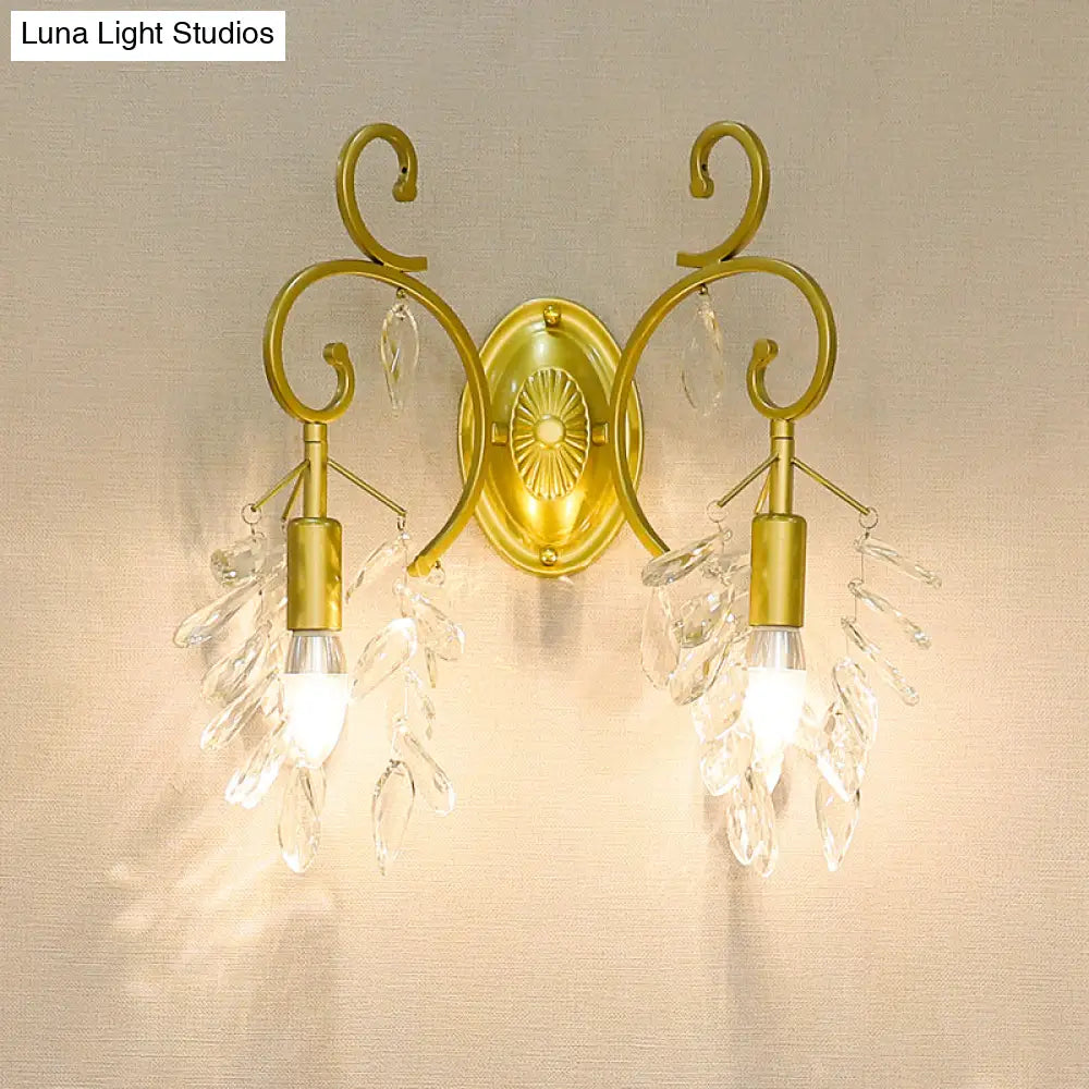 DecorBites™ Postmodern Gold Curve Arm Sconce Light Fixture with Crystal Drip - 2 Light Wall-Mount