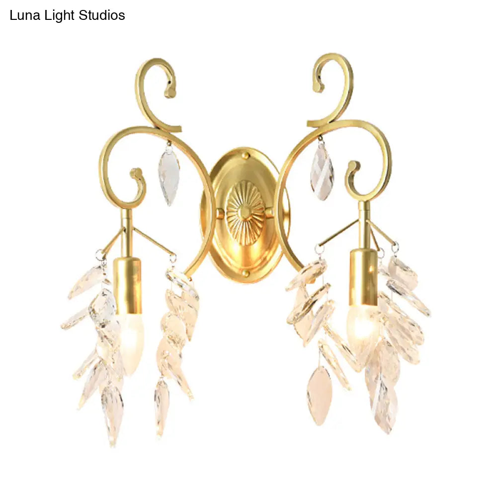 DecorBites™ Postmodern Gold Curve Arm Sconce Light Fixture with Crystal Drip - 2 Light Wall-Mount