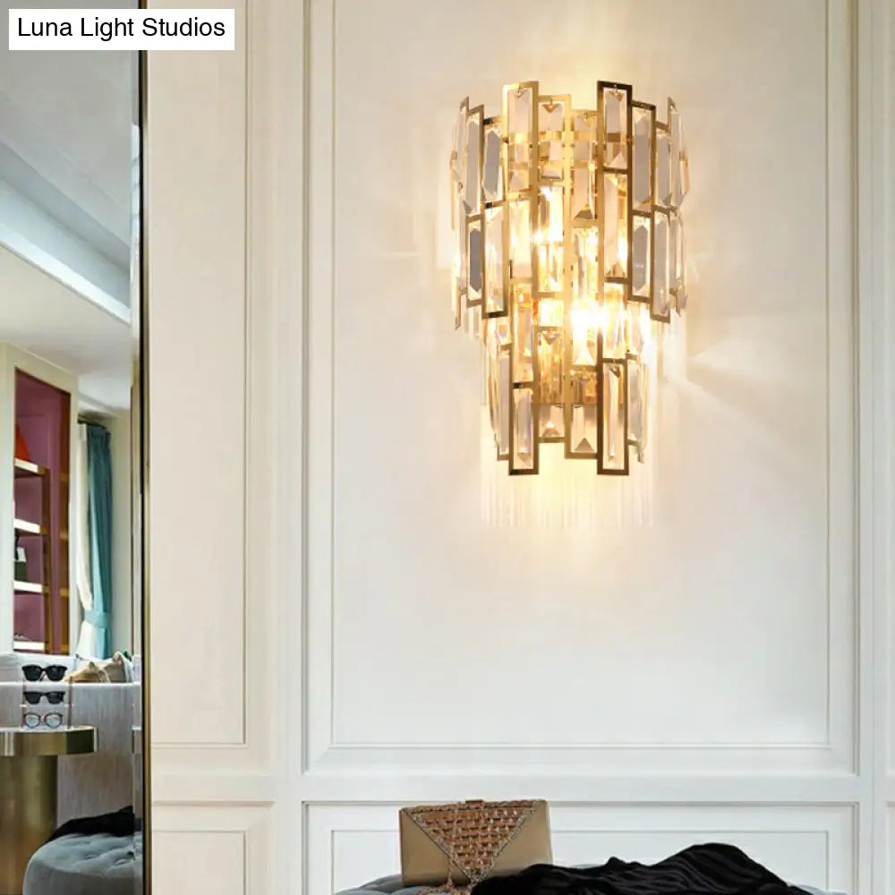 DecorBites™ Postmodern Gold Sconce with Crystal Rectangle Shade - 2 Bulbs - Living Room Wall Lamp