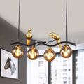 DecorBites™ Postmodern Iron Pendant Light with 4-Lights, Black/Gold Finish, Amber Ball Glass Shade, Bird Deco - Sprig Island