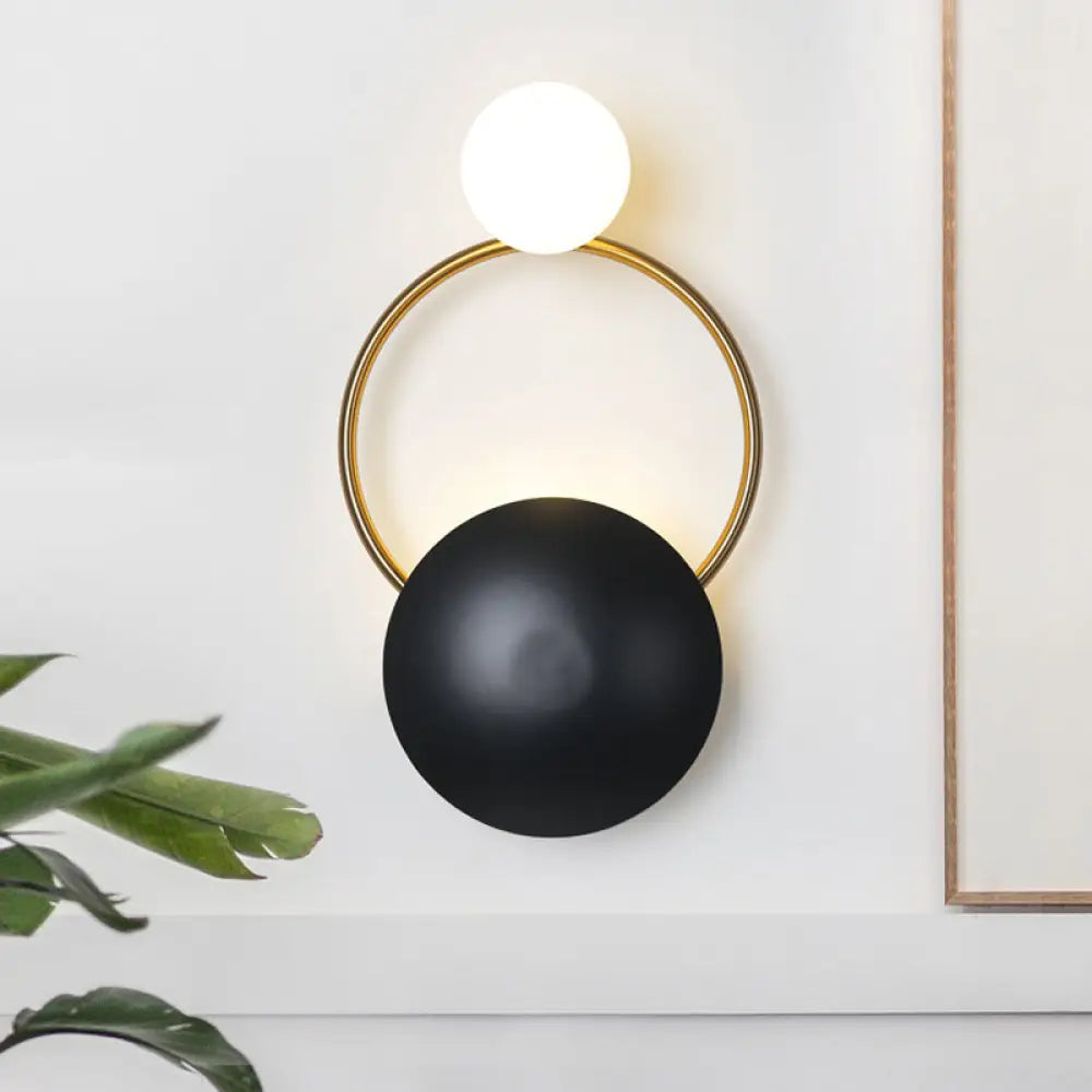 DecorBites™ Postmodern Orbital Flush Mount Iron 2-Light Wall Sconce in Black-Gold with Orb Opal Glass Shade