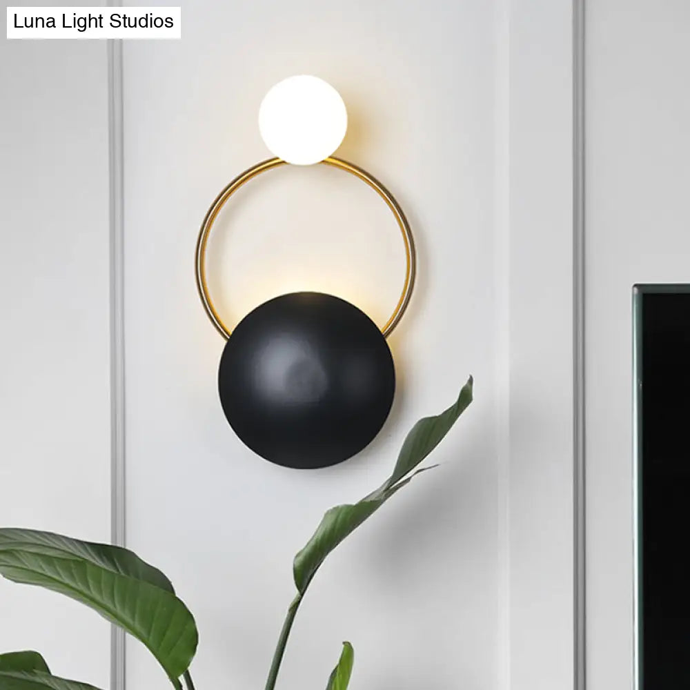 DecorBites™ Postmodern Orbital Flush Mount Iron 2-Light Wall Sconce in Black-Gold with Orb Opal Glass Shade