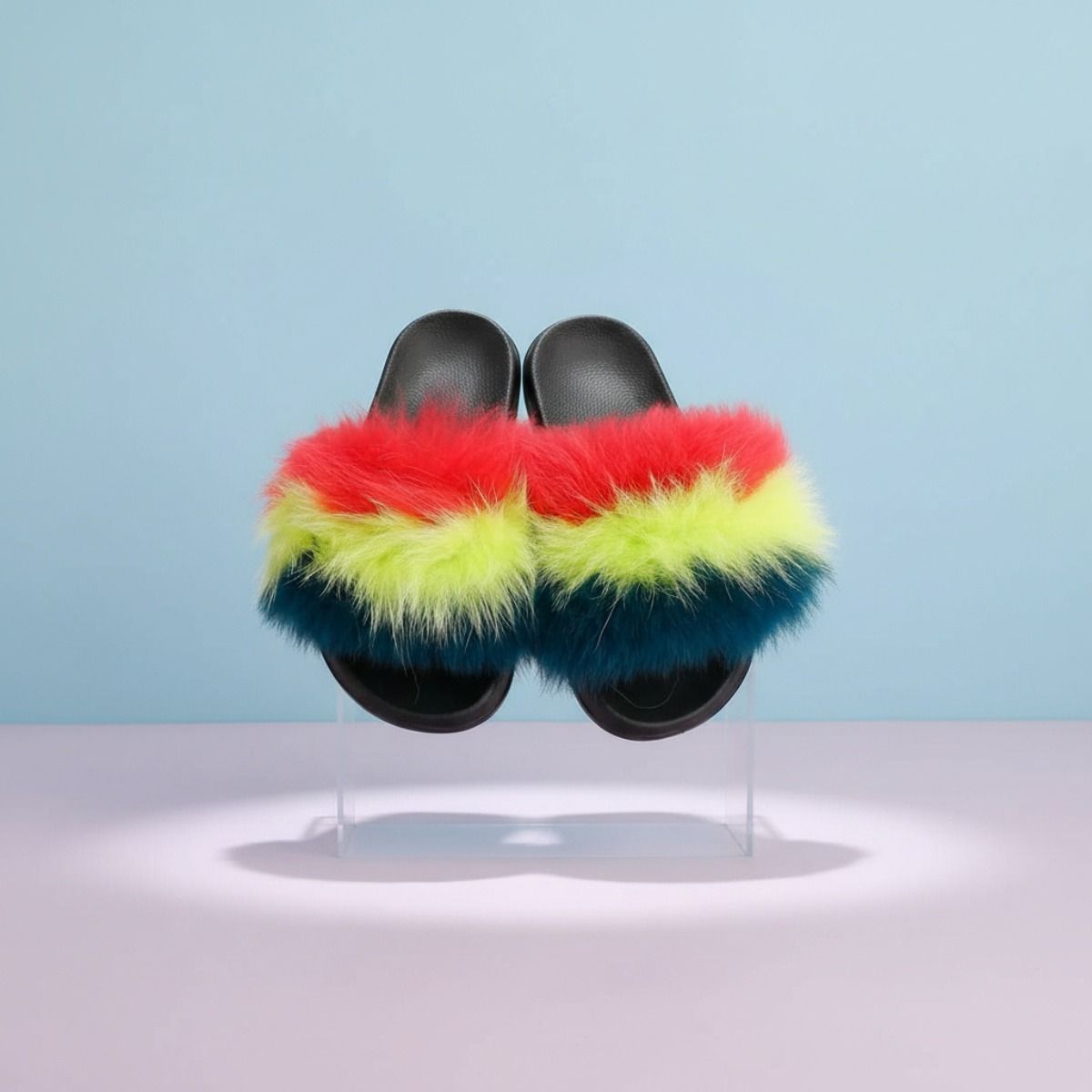 XLarge Fox Fur Slippers in Coral to Green – Trendy Lounge Footwear