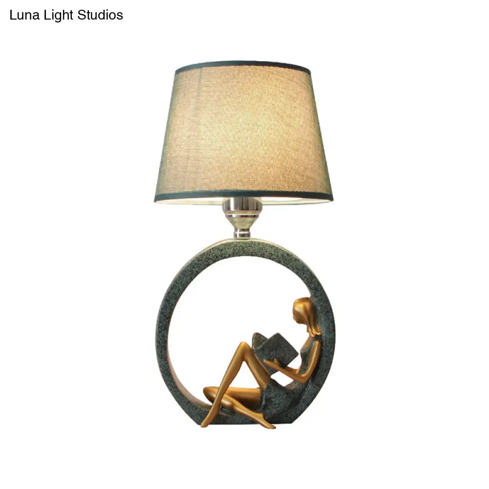 DecorBites™ Resin Night Lamp with Tapered Fabric Shade - Modern Girl Reading Table Lamp in Blue