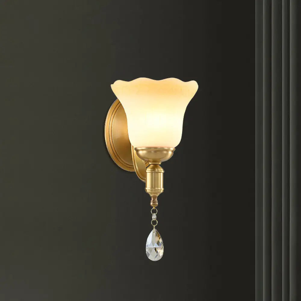 DecorBites™ Retro Style 1/2-Head Gold Wall Lamp with Crystal Drop - Blossom Opaque Glass Wall Lighting