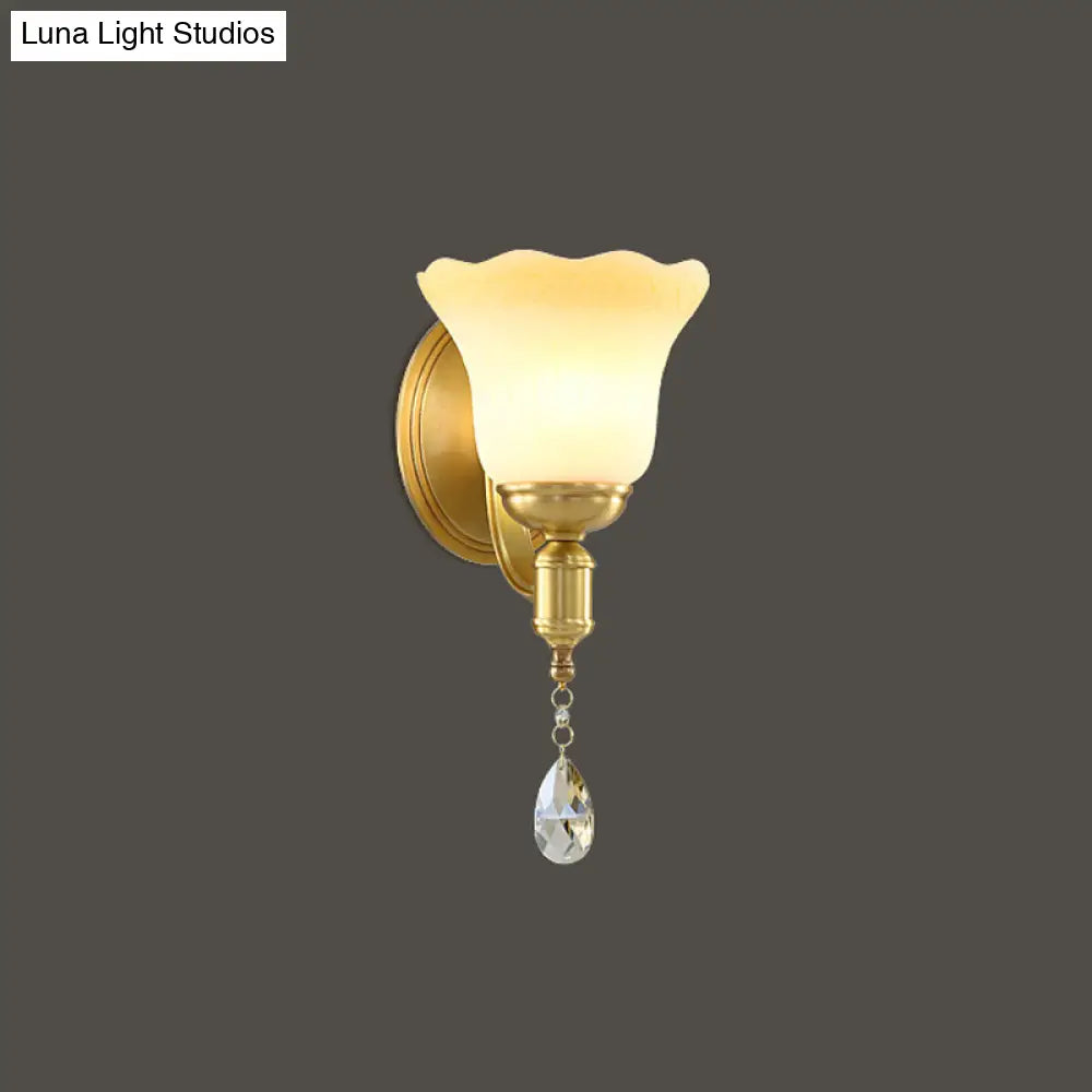 DecorBites™ Retro Style 1/2-Head Gold Wall Lamp with Crystal Drop - Blossom Opaque Glass Wall Lighting