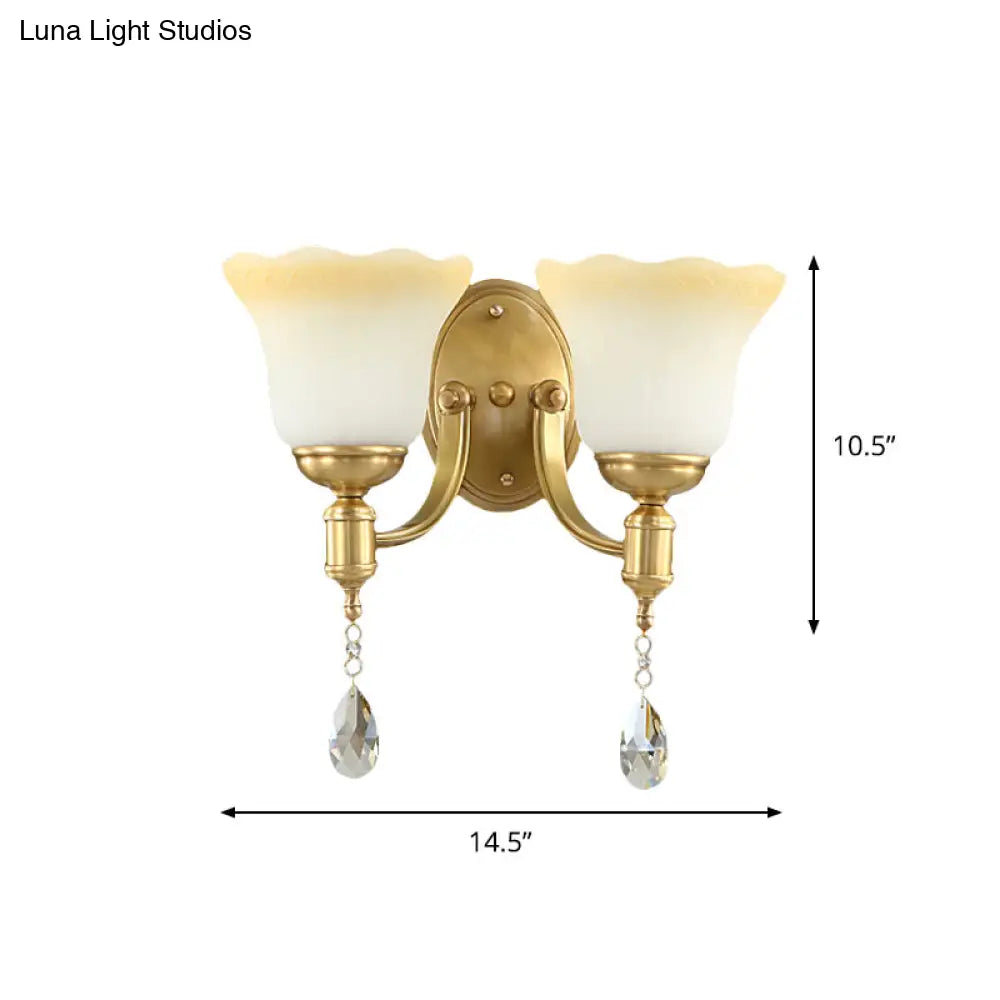 DecorBites™ Retro Style 1/2-Head Gold Wall Lamp with Crystal Drop - Blossom Opaque Glass Wall Lighting