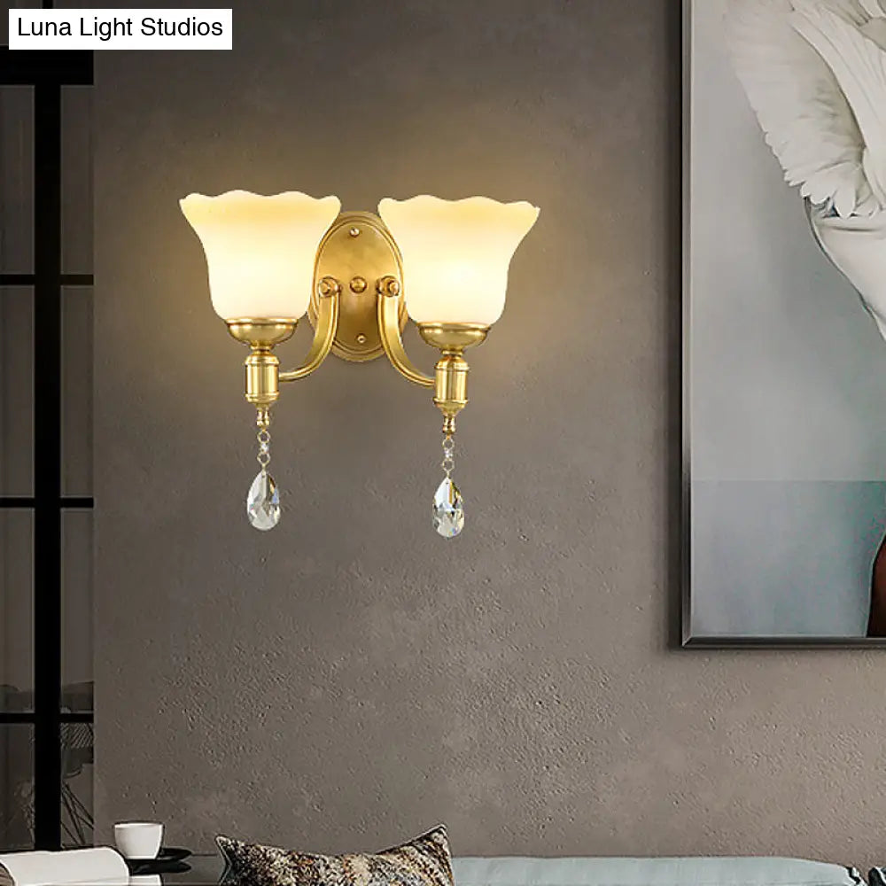 DecorBites™ Retro Style 1/2-Head Gold Wall Lamp with Crystal Drop - Blossom Opaque Glass Wall Lighting