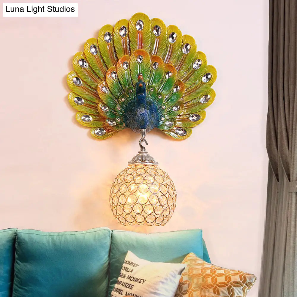 DecorBites™ Retro Stylish Wall Sconce with Clear Crystal and Peacock Backplate in Silver/White