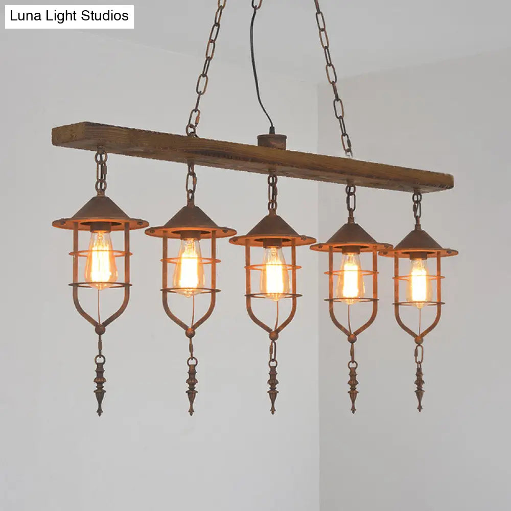 DecorBites™ Retro Wood Island Ceiling Light: 5-Light Fixture with Iron Cage
