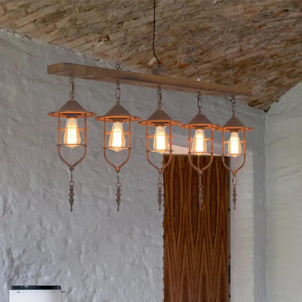 DecorBites™ Retro Wood Island Ceiling Light: 5-Light Fixture with Iron Cage
